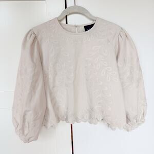 Liv Los Angeles 100% Linen Ivory Eyelet Embroidered‎ LARGE Balloon Sleeve Top